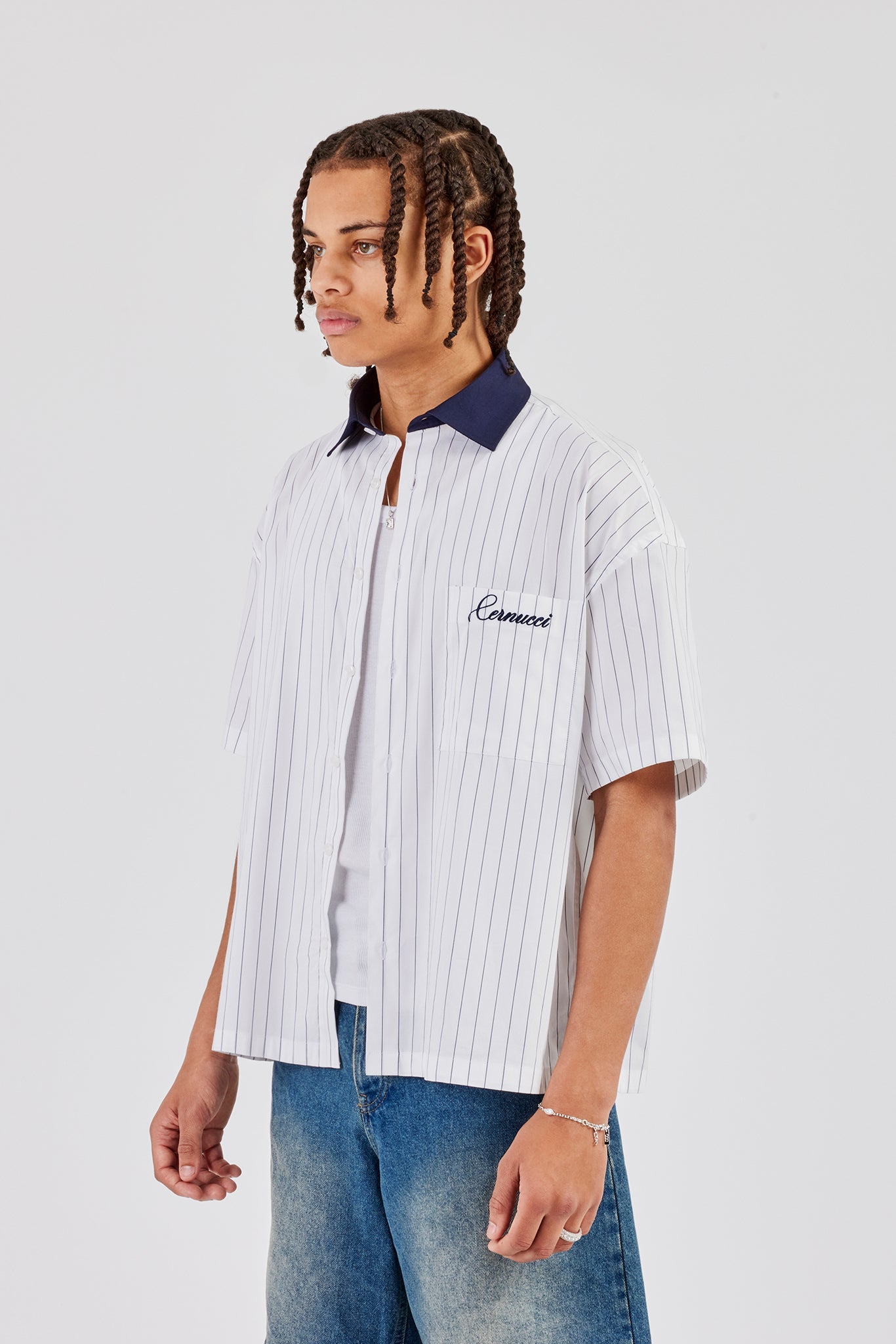 Contrast Collar Short Sleeve Stripe Shirt - Navy
