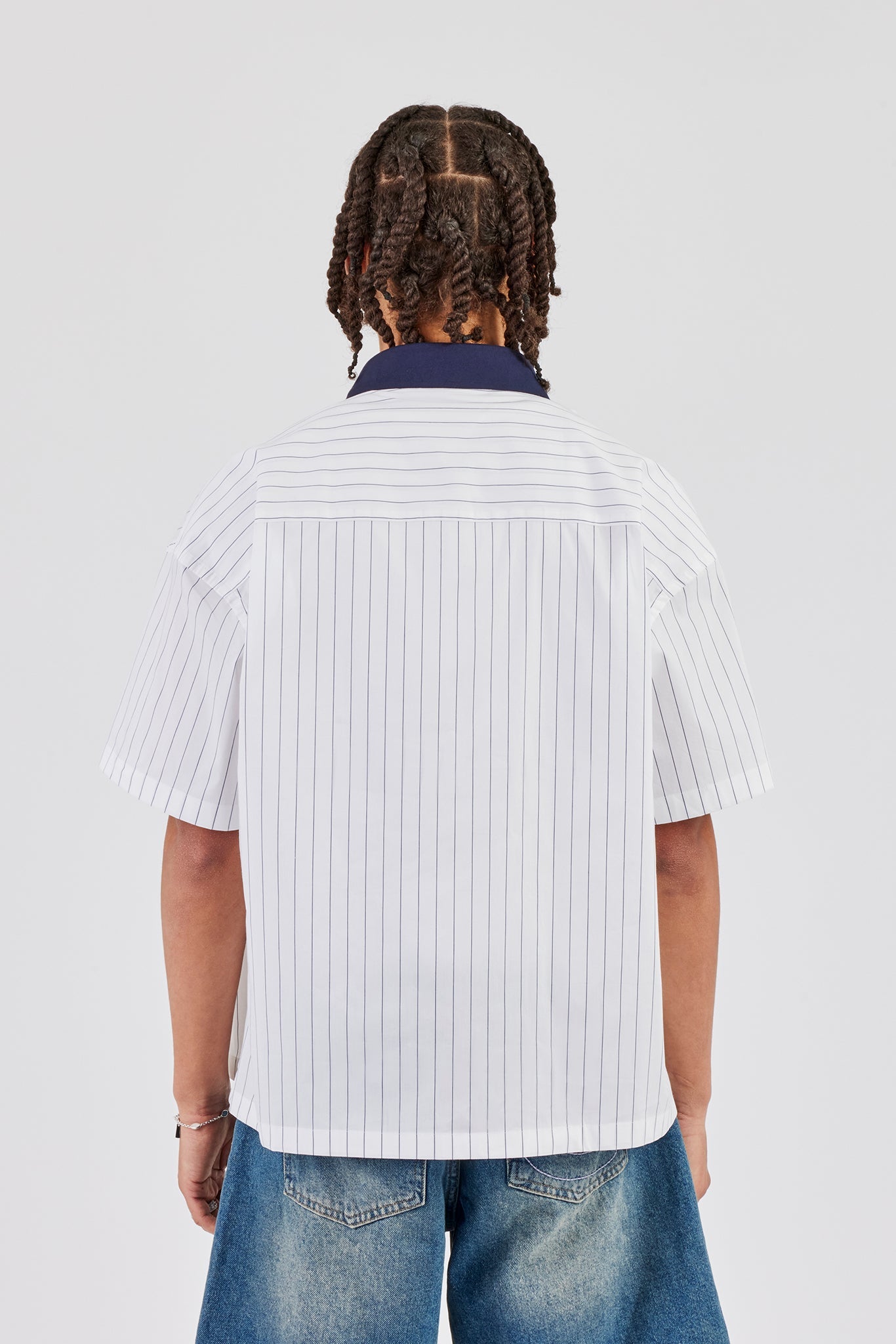 Contrast Collar Short Sleeve Stripe Shirt - Navy