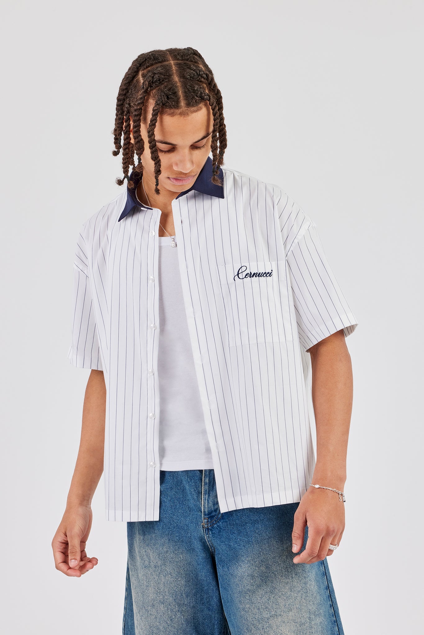 Contrast Collar Short Sleeve Stripe Shirt - Navy