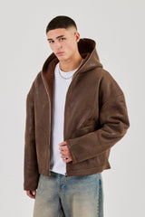 Vintage Pu Borg Lined Hooded Jacket - Brown