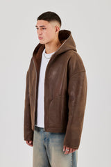 Vintage Pu Borg Lined Hooded Jacket - Brown