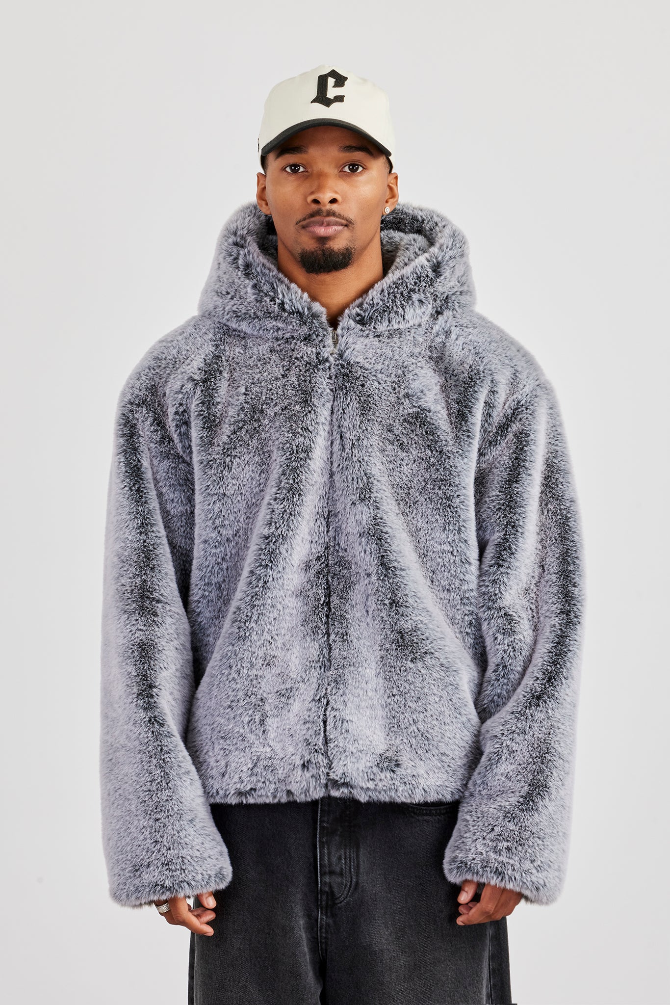 Hooded Fur Jacket - Grey