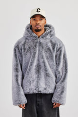 Hooded Fur Jacket - Grey