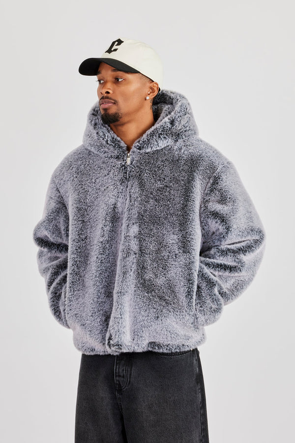 Hooded Fur Jacket - Grey