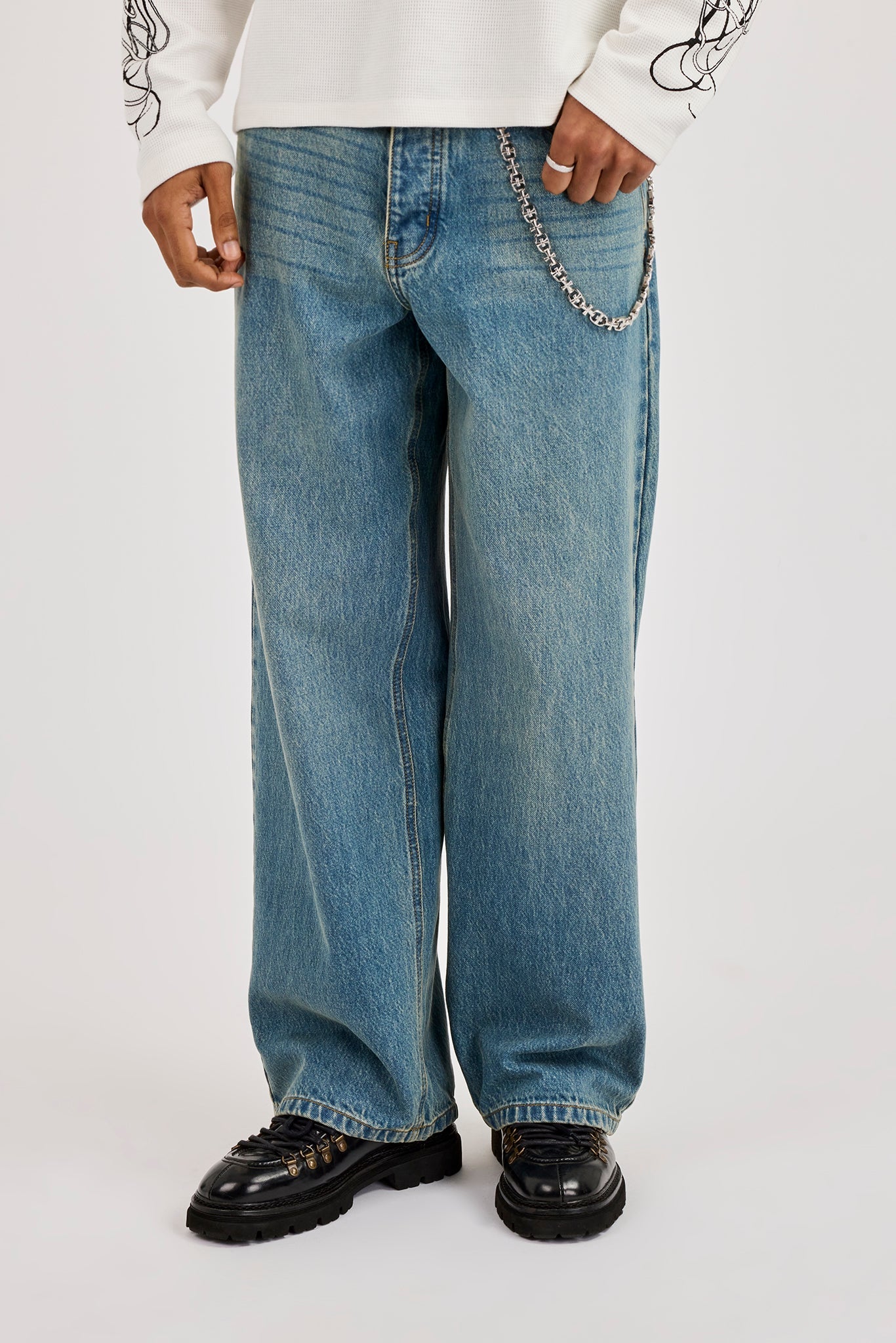 Mens Baggy Jean & 10mm Polished Multi Cross Jean Chain - Antique Wash