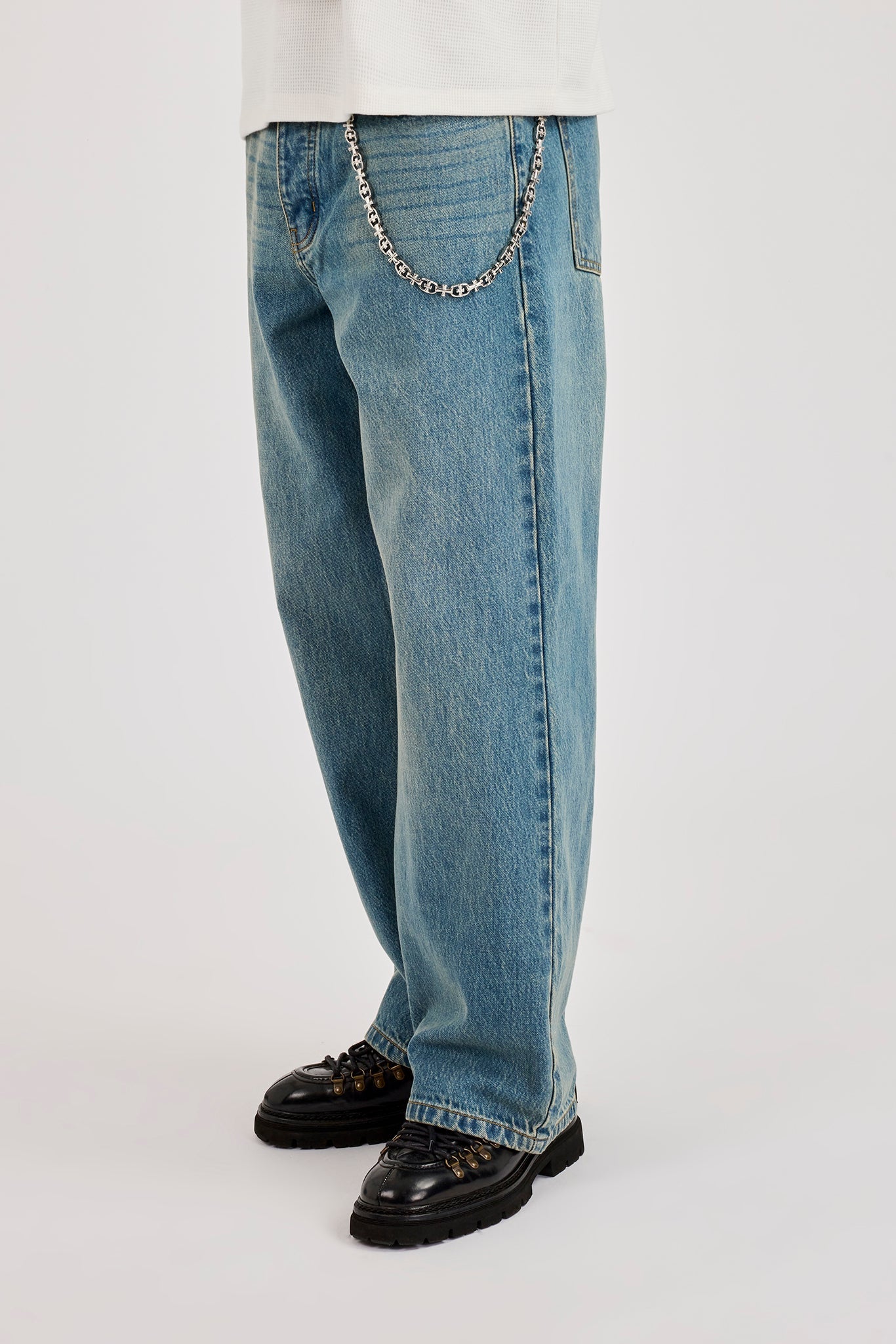 Mens Baggy Jean & 10mm Polished Multi Cross Jean Chain - Antique Wash