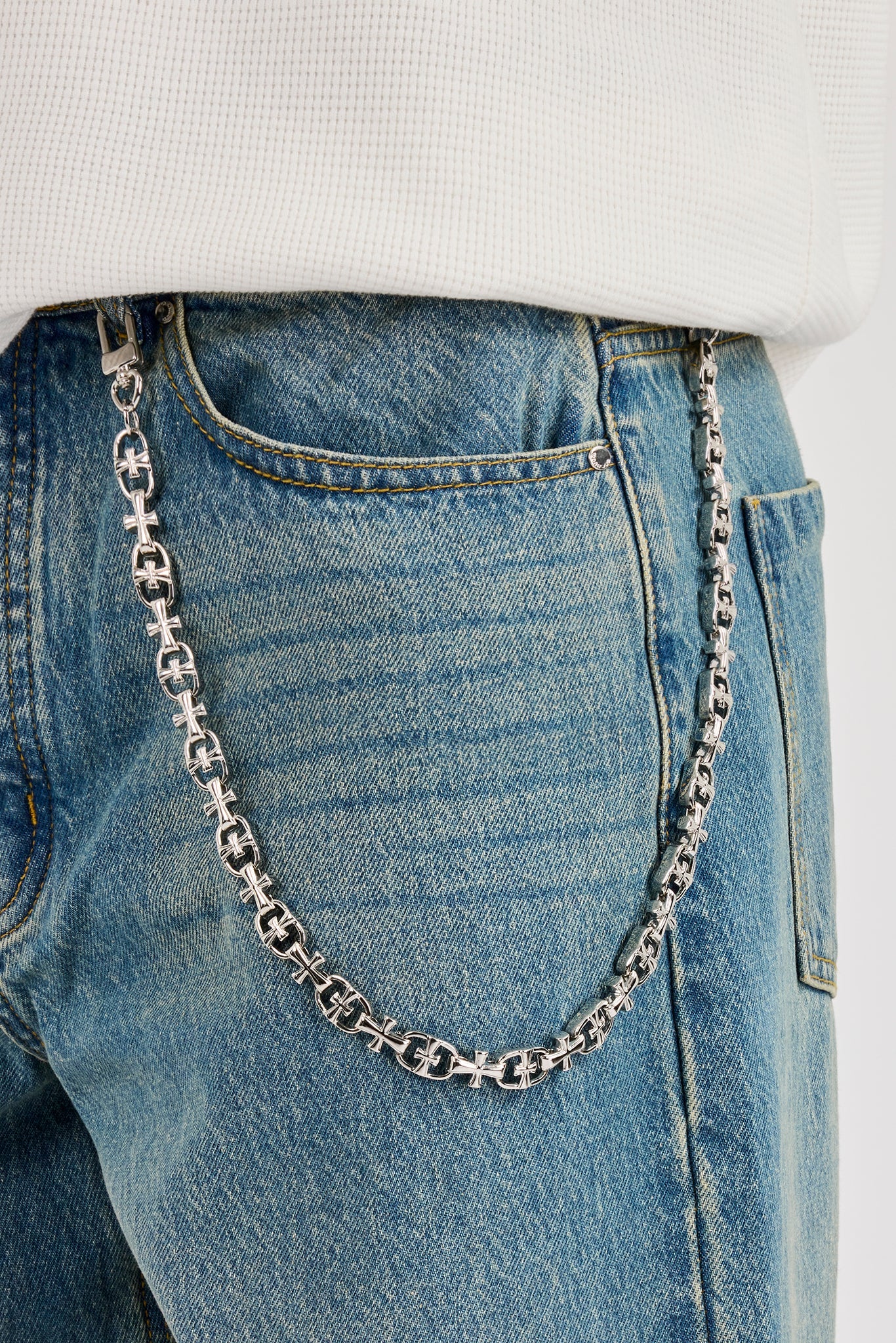 Mens Baggy Jean & 10mm Polished Multi Cross Jean Chain - Antique Wash
