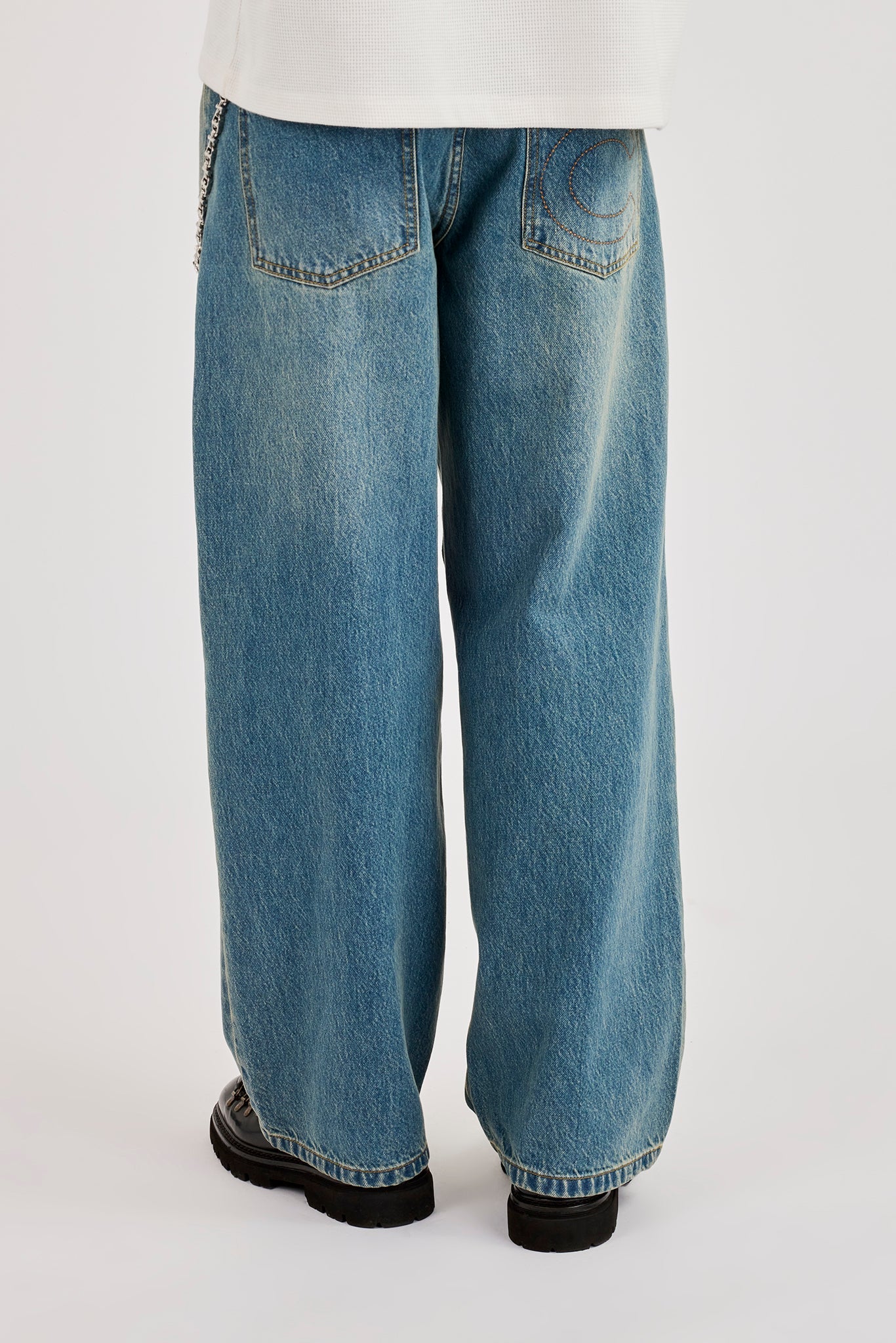 Mens Baggy Jean & 10mm Polished Multi Cross Jean Chain - Antique Wash