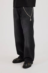 Mens Baggy Jean & 40mm Polished Drop Triple Cross Jean Chain - Washed Black