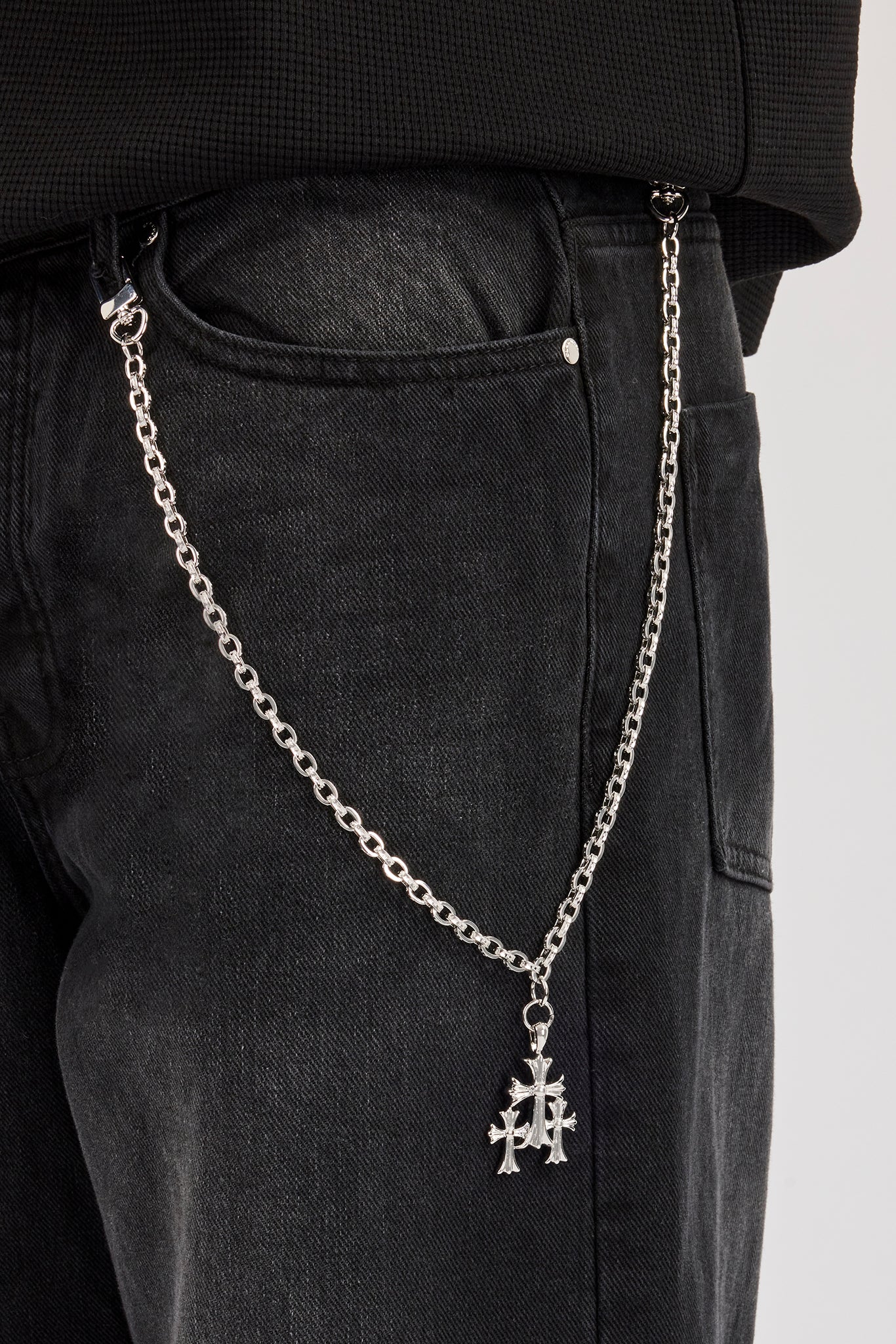 Mens Baggy Jean & 40mm Polished Drop Triple Cross Jean Chain - Washed Black