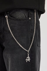 Mens Baggy Jean & 40mm Polished Drop Triple Cross Jean Chain - Washed Black