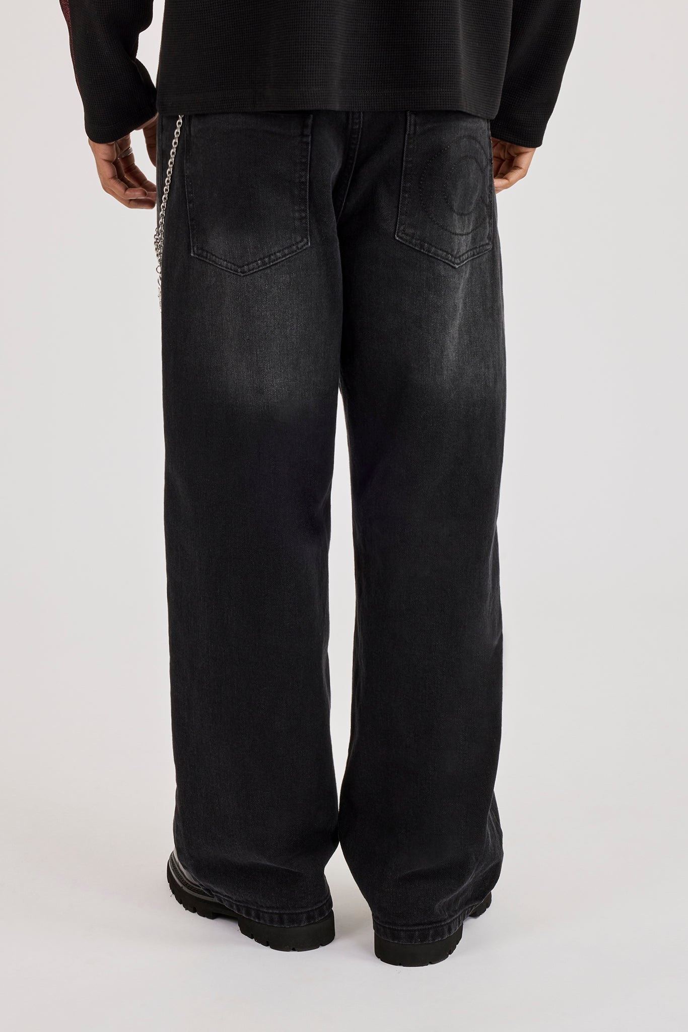 Mens Baggy Jean & 40mm Polished Drop Triple Cross Jean Chain - Washed Black