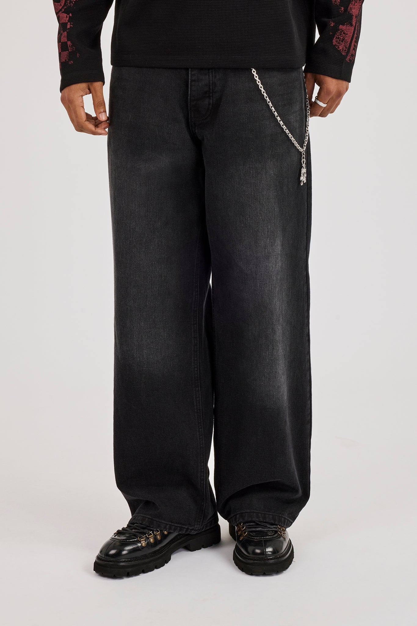 Mens Baggy Jean & 40mm Polished Drop Triple Cross Jean Chain - Washed Black