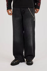 Mens Baggy Jean & 40mm Polished Drop Triple Cross Jean Chain - Washed Black