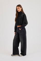 Denim Funnel Neck Jacket & Low Rise Baggy Jean - Washed Black
