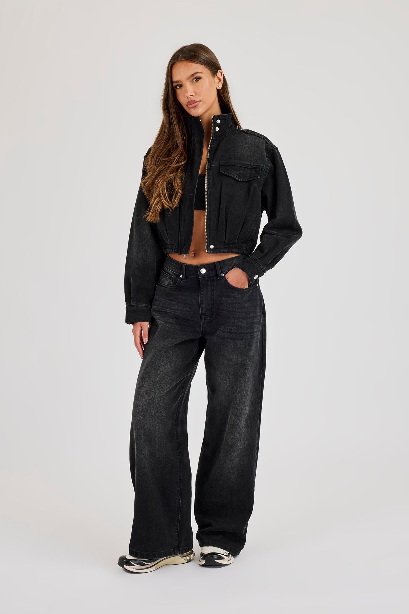Denim Funnel Neck Jacket - Washed Black