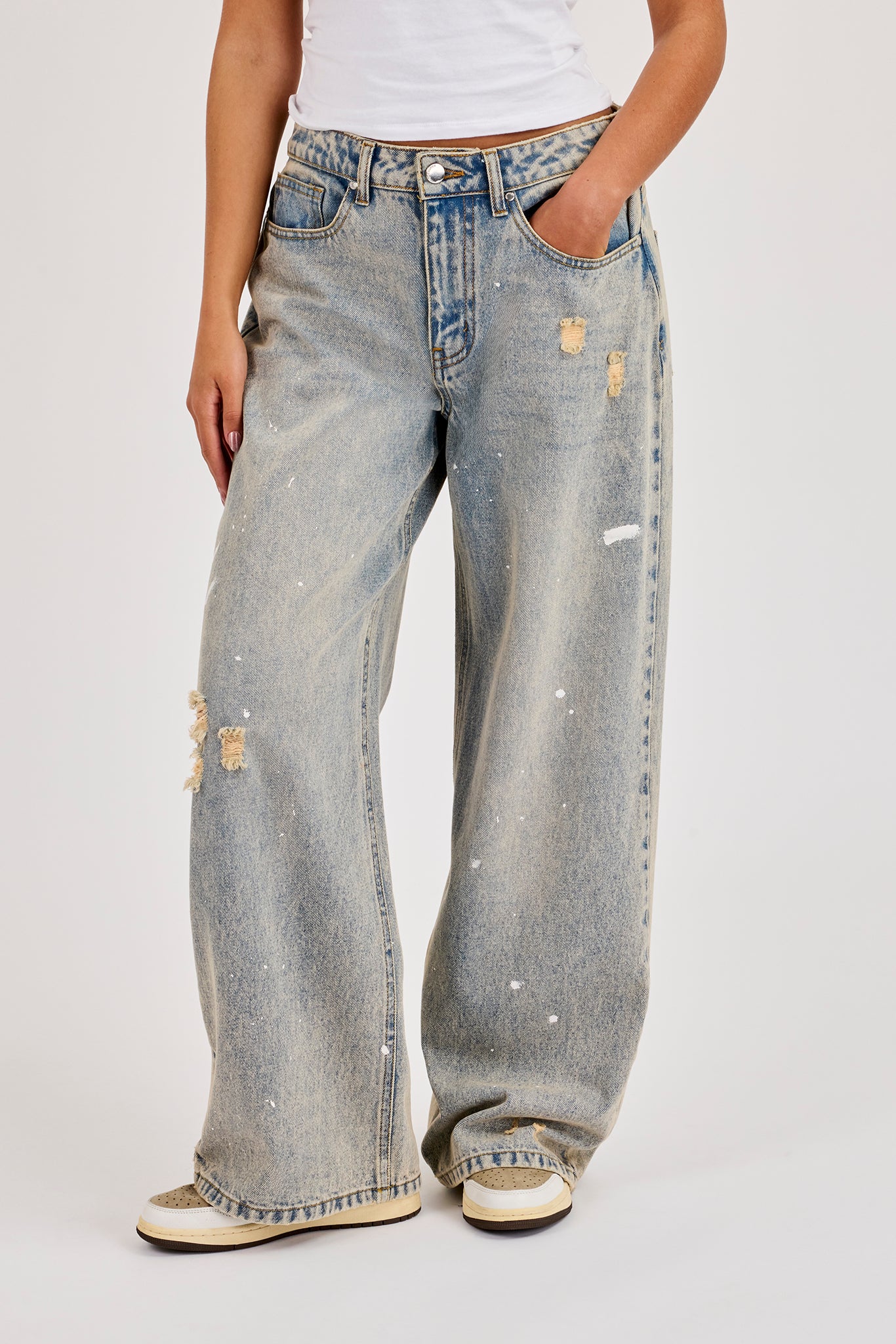 Distressed Paint Splatter Baggy Jean - Antique Wash