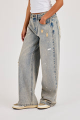 Distressed Paint Splatter Baggy Jean - Antique Wash
