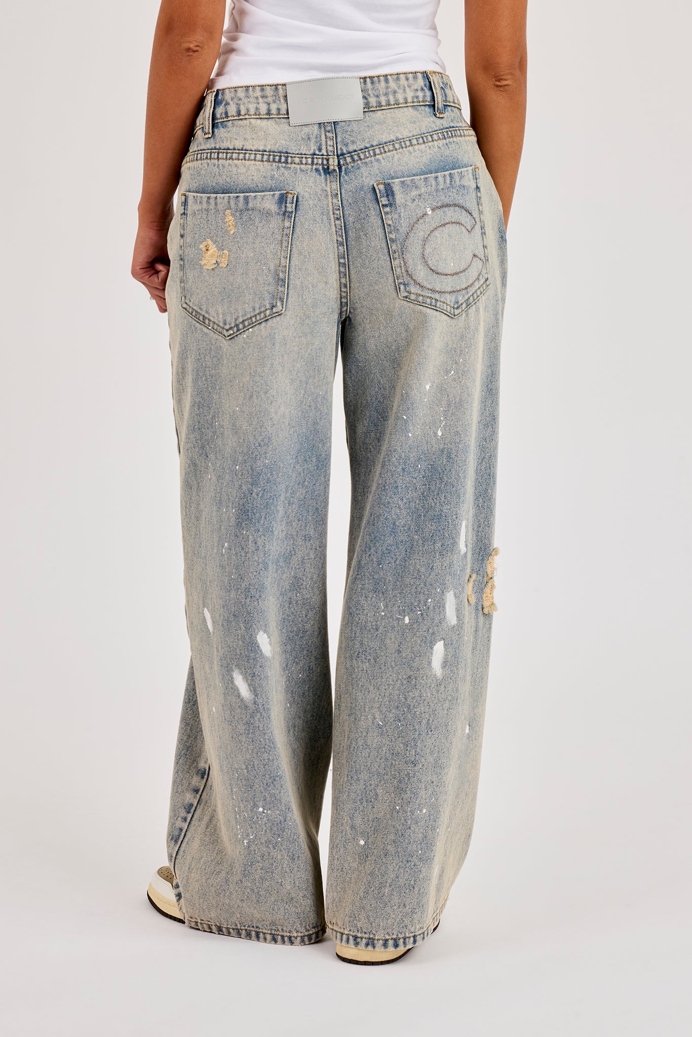 Distressed Paint Splatter Baggy Jean - Antique Wash