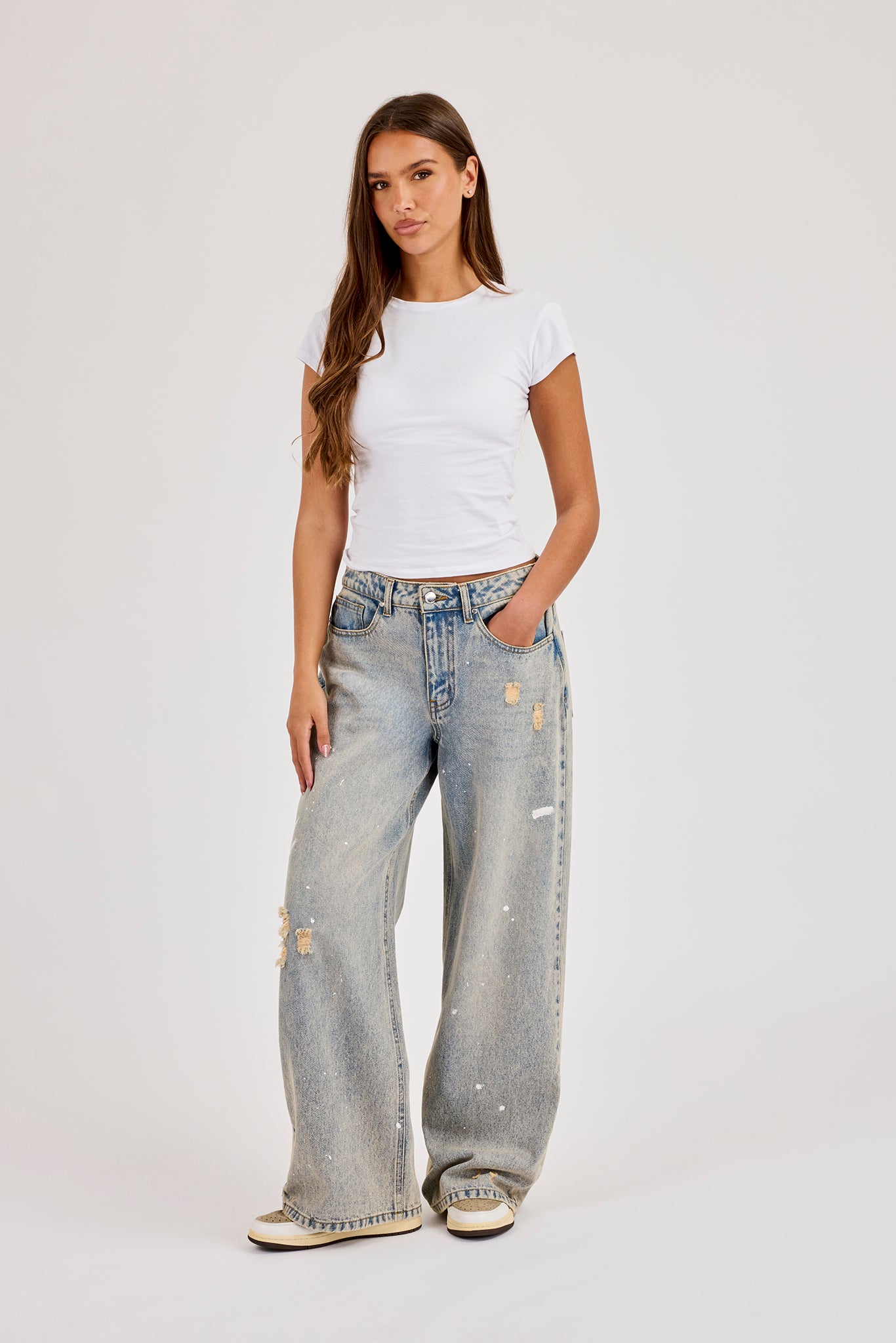 Distressed Paint Splatter Baggy Jean - Antique Wash