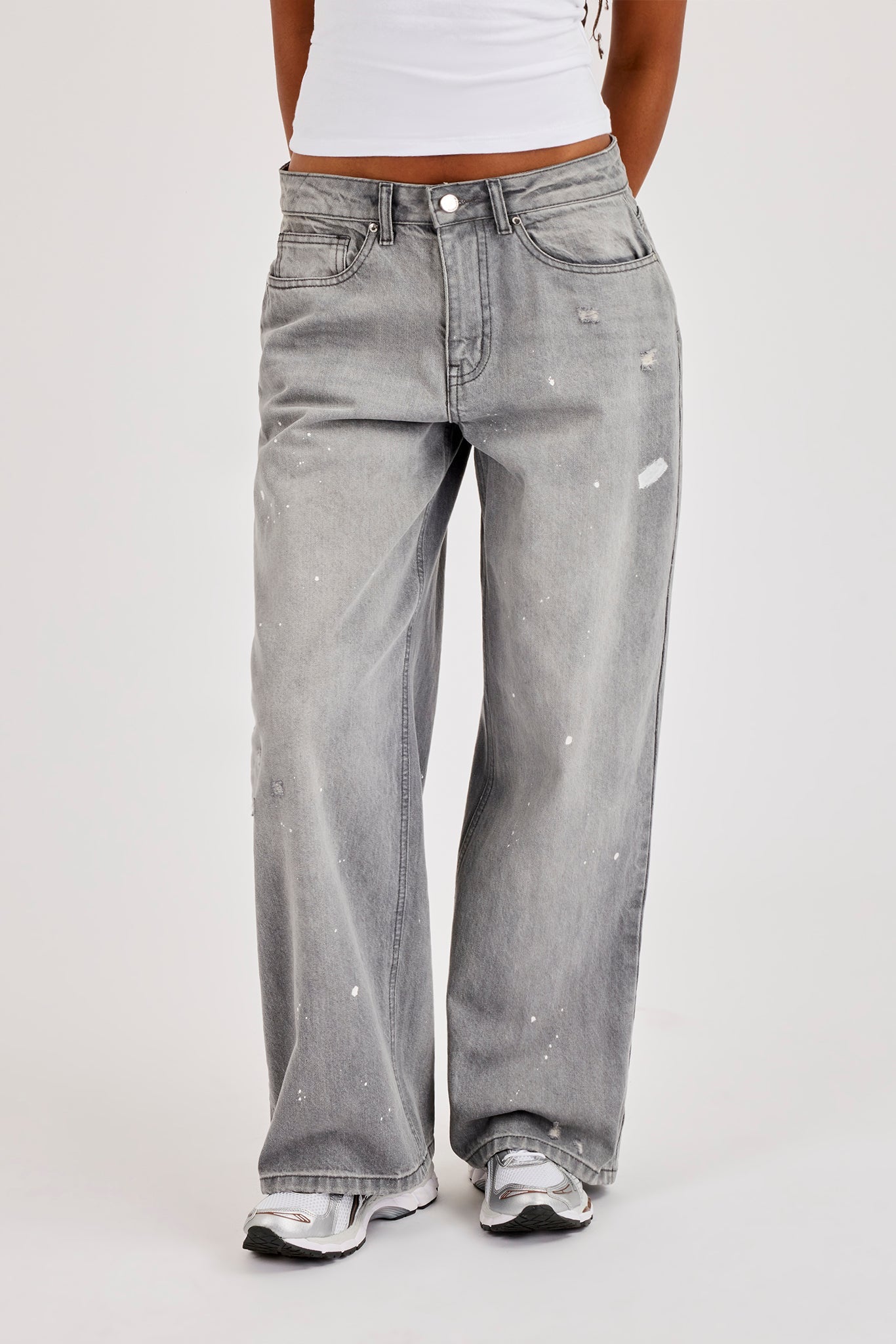 Paint Splatter Distressed Baggy Jean - Washed Grey