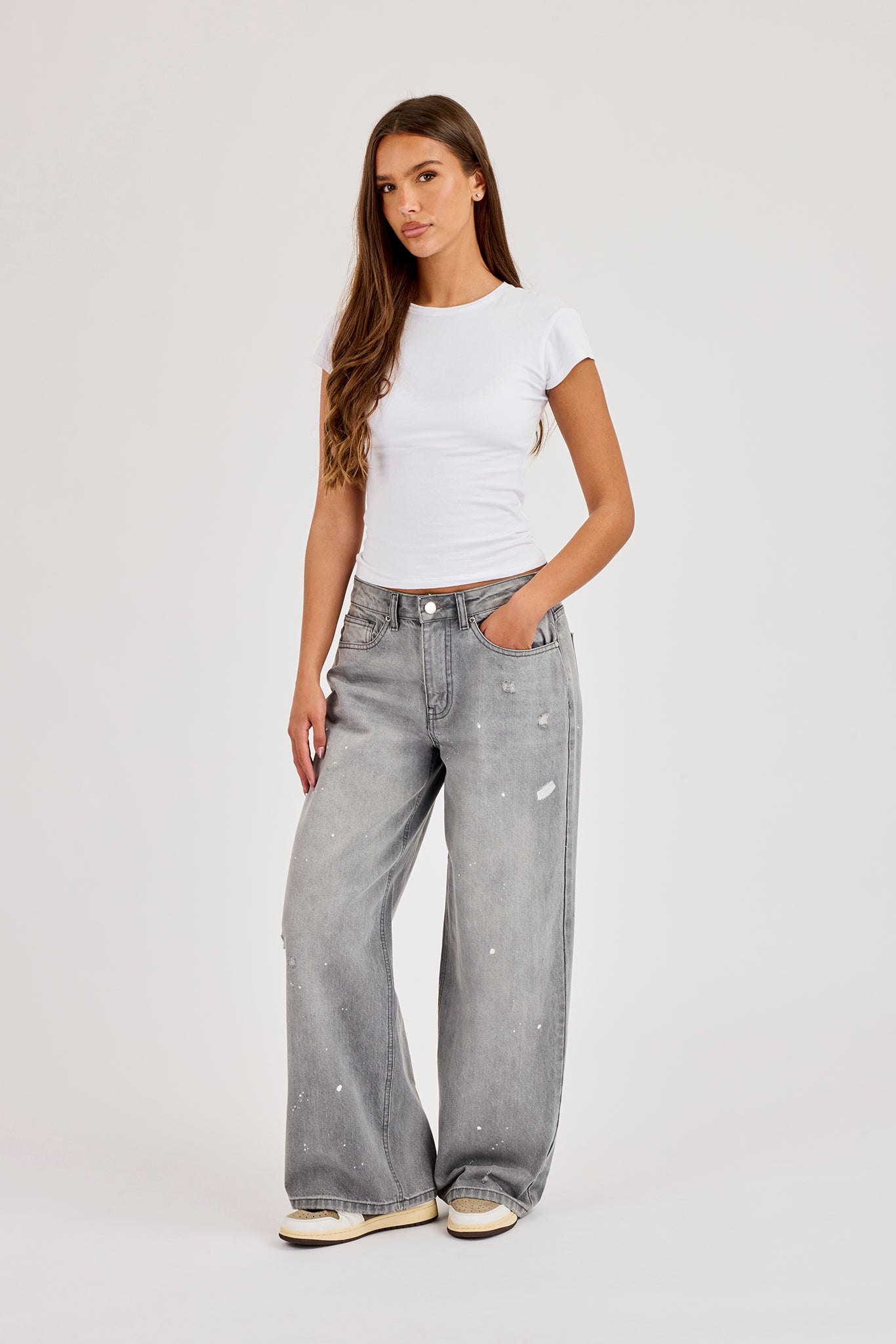 Paint Splatter Distressed Baggy Jean - Washed Grey