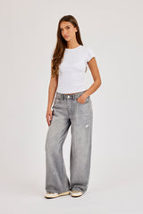 Paint Splatter Distressed Baggy Jean - Washed Grey