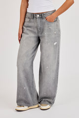 Paint Splatter Distressed Baggy Jean - Washed Grey