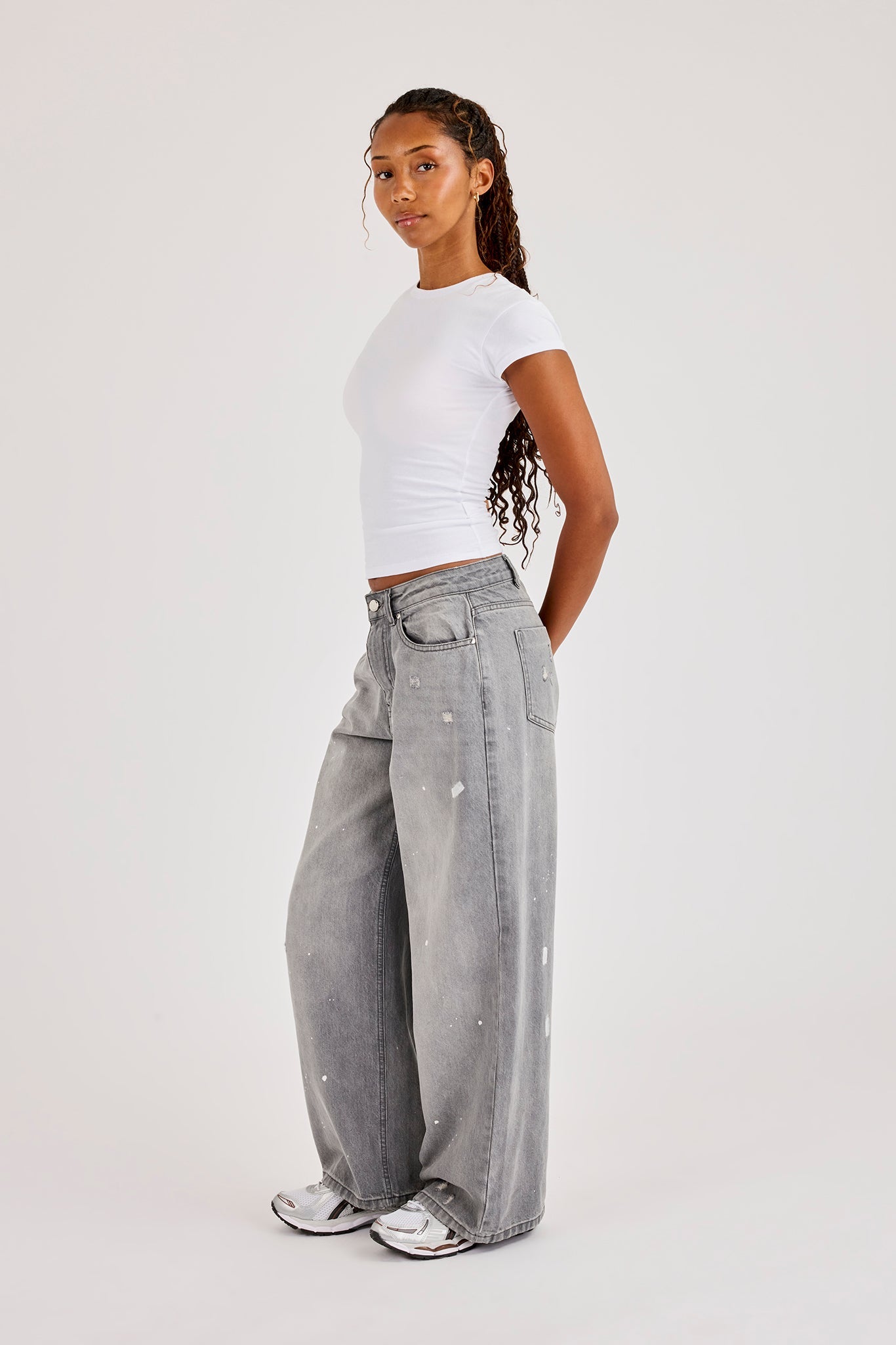 Paint Splatter Distressed Baggy Jean - Washed Grey