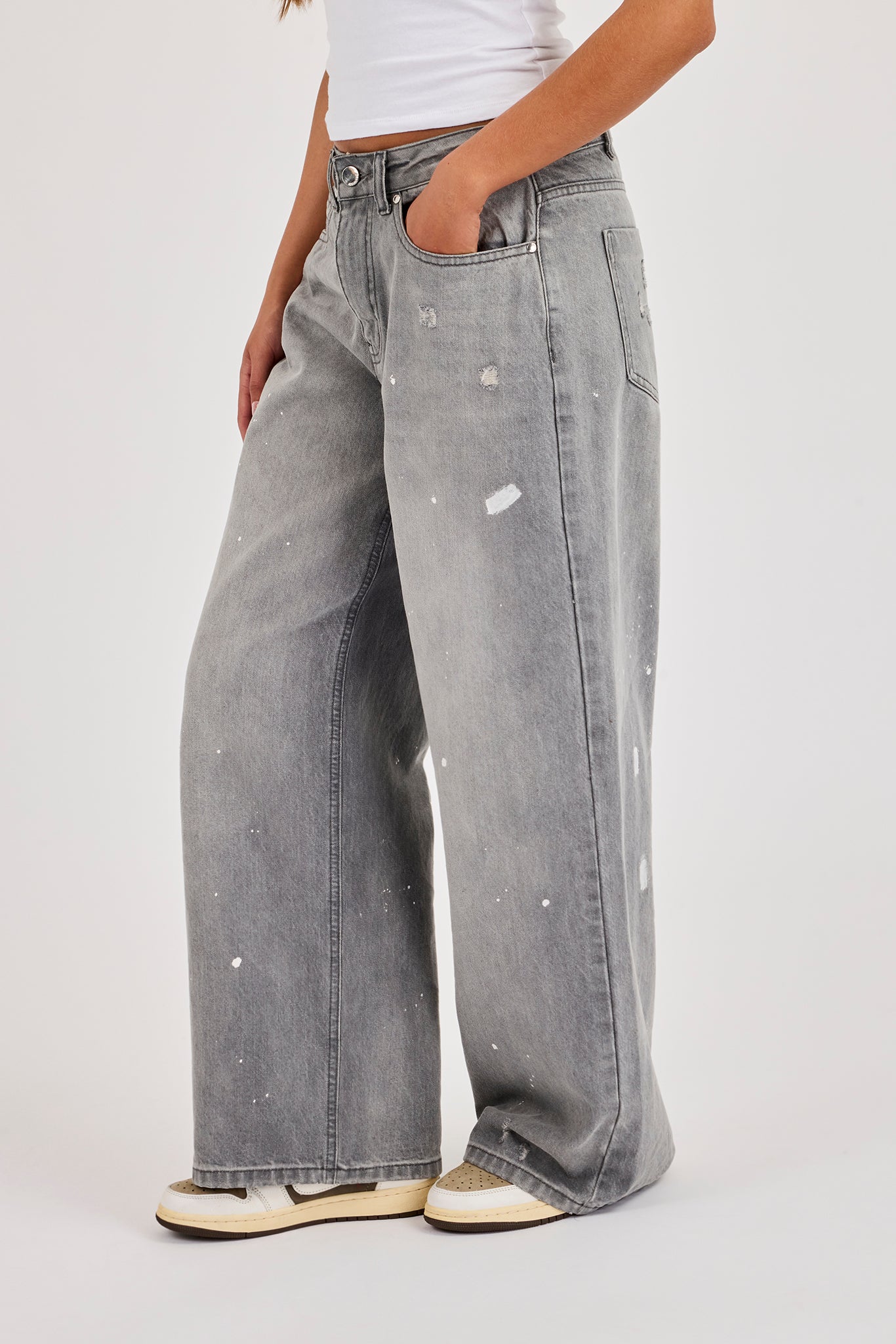 Paint Splatter Distressed Baggy Jean - Washed Grey