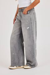 Paint Splatter Distressed Baggy Jean - Washed Grey
