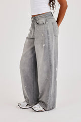 Paint Splatter Distressed Baggy Jean - Washed Grey