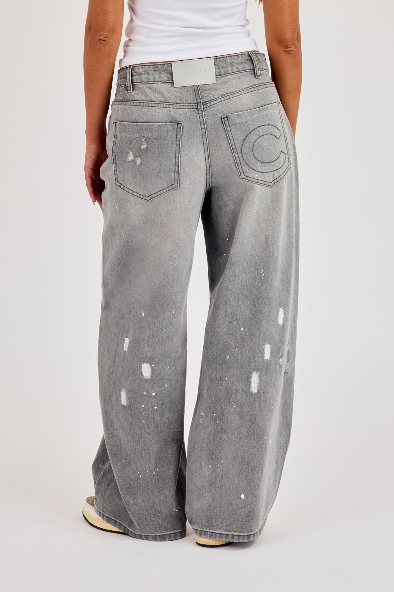 Paint Splatter Distressed Baggy Jean - Washed Grey