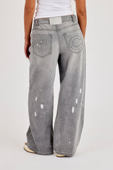 Paint Splatter Distressed Baggy Jean - Washed Grey