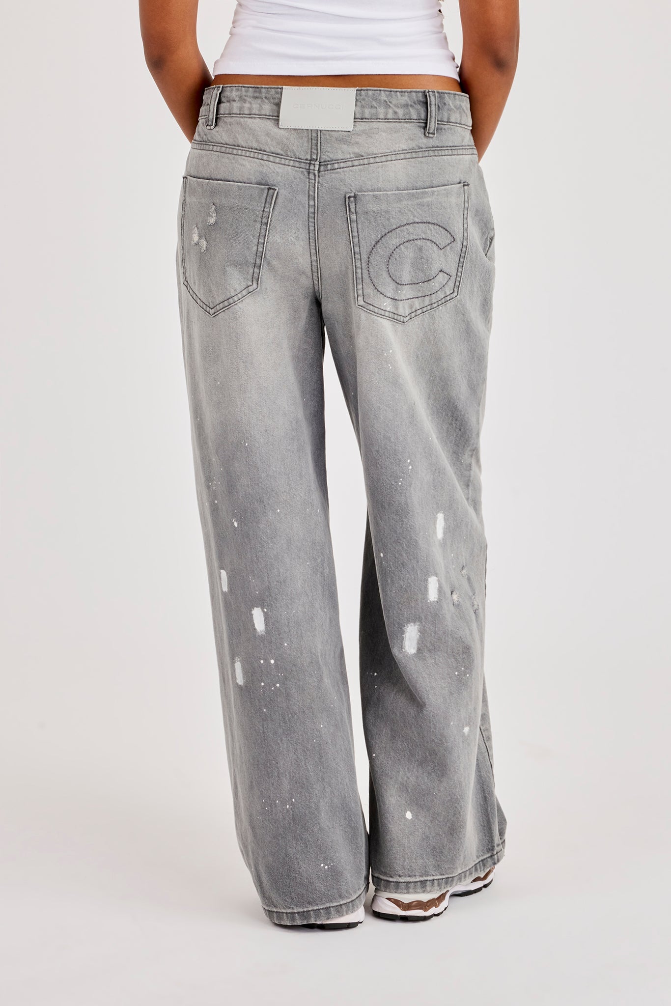 Paint Splatter Distressed Baggy Jean - Washed Grey
