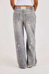 Paint Splatter Distressed Baggy Jean - Washed Grey