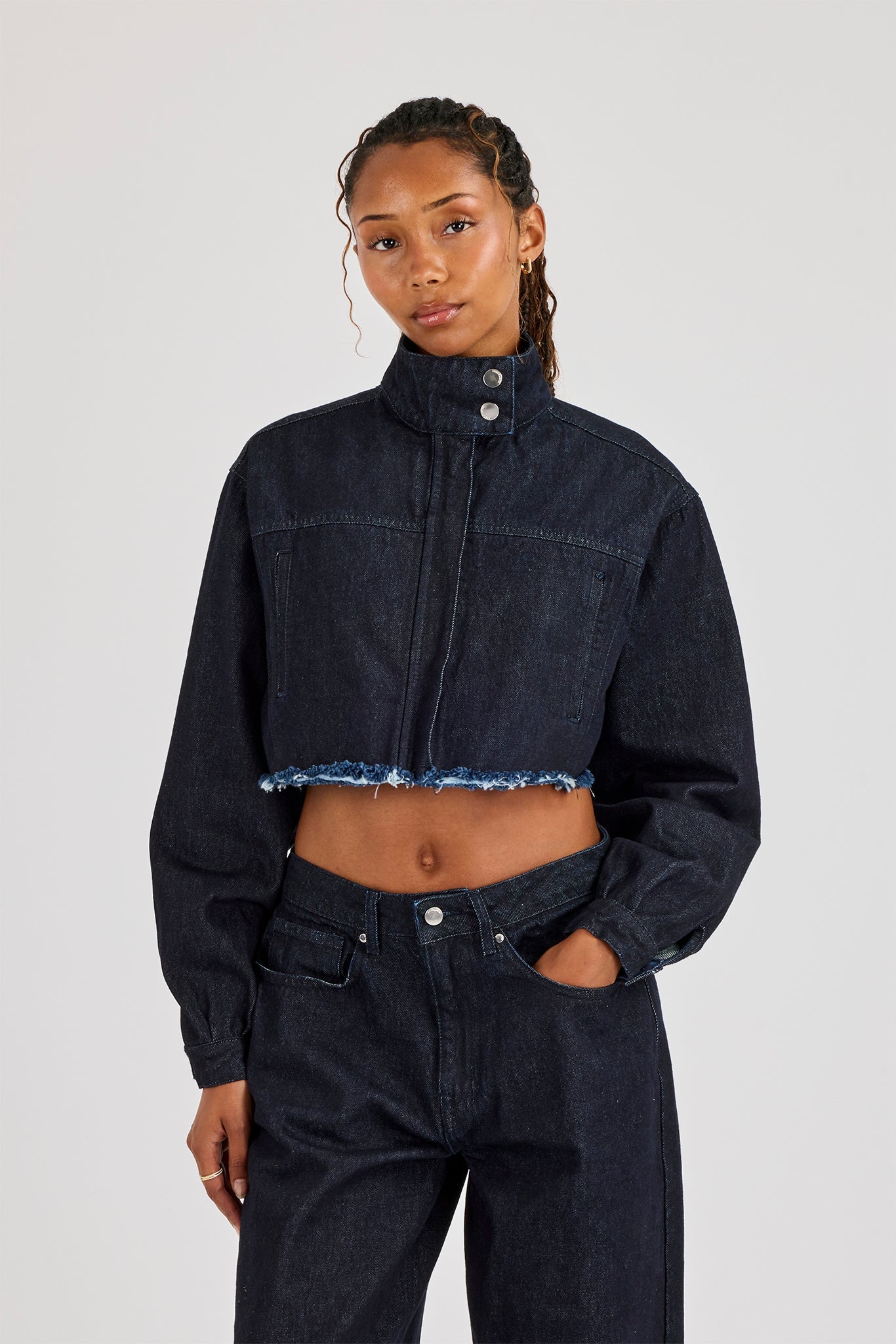 Super Crop Funnel Neck Denim Jacket - Indigo