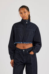 Super Crop Funnel Neck Denim Jacket - Indigo