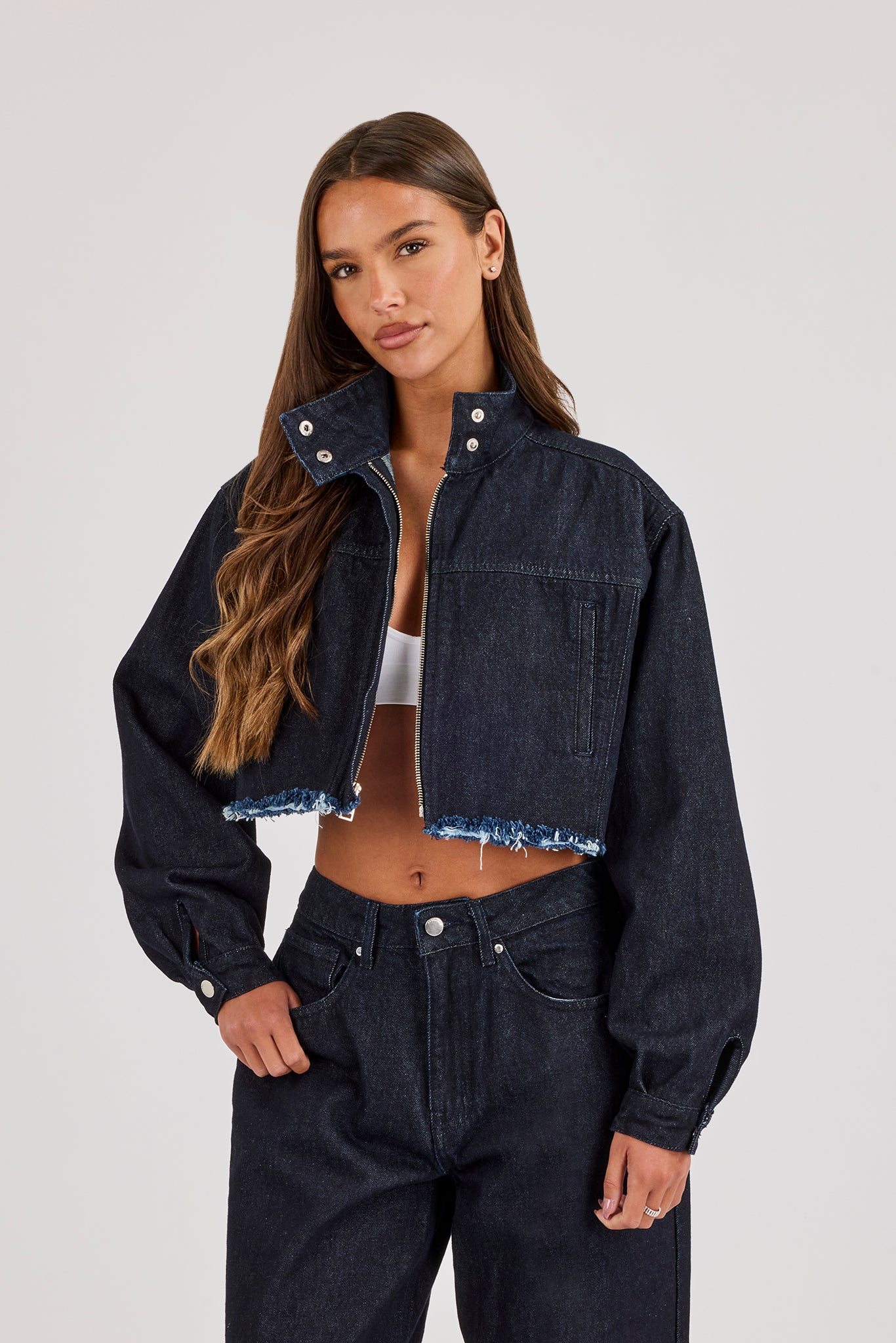 Super Crop Funnel Neck Denim Jacket - Indigo