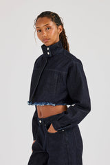 Super Crop Funnel Neck Denim Jacket - Indigo