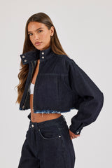 Super Crop Funnel Neck Denim Jacket - Indigo