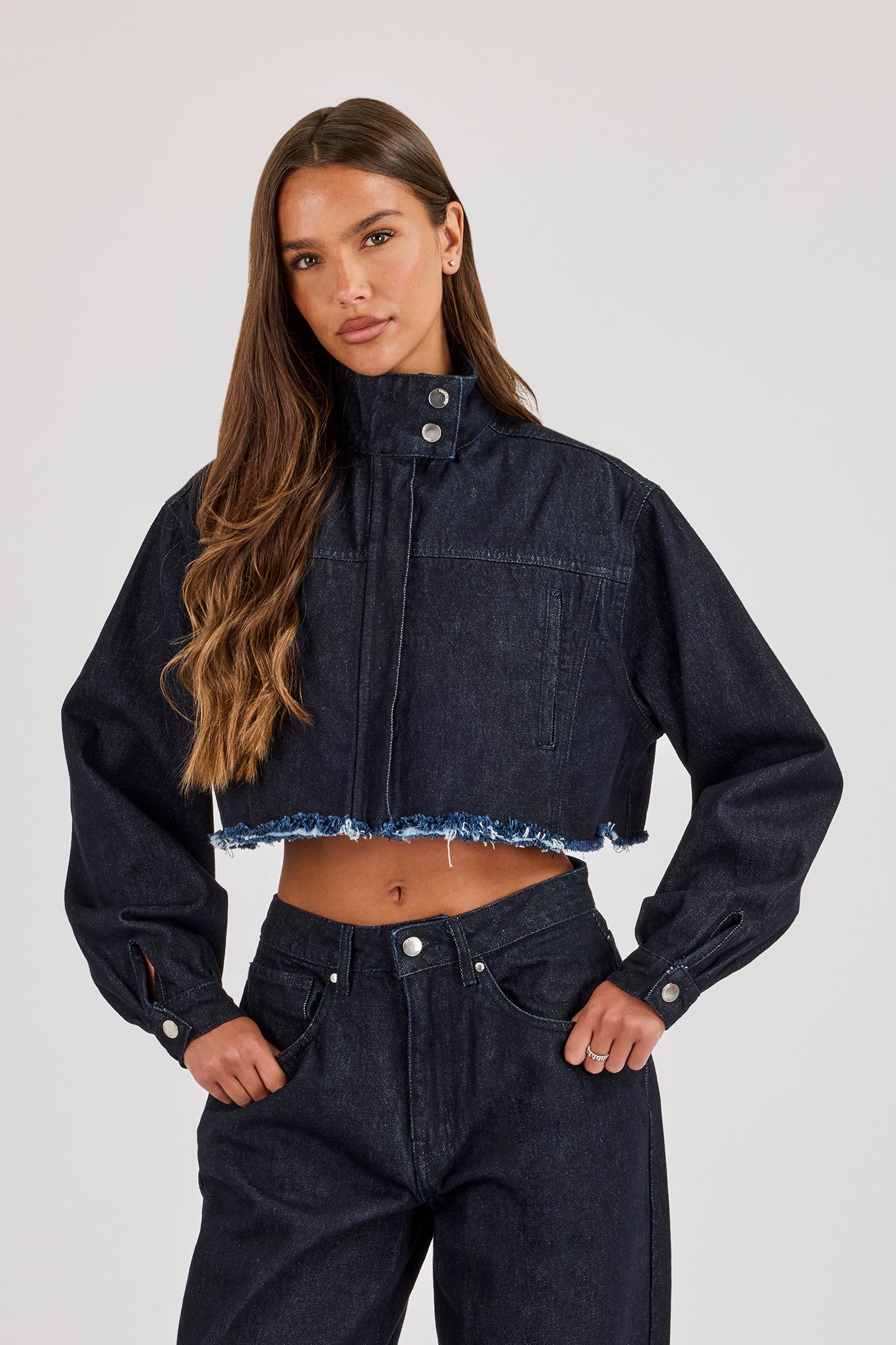 Super Crop Funnel Neck Denim Jacket - Indigo