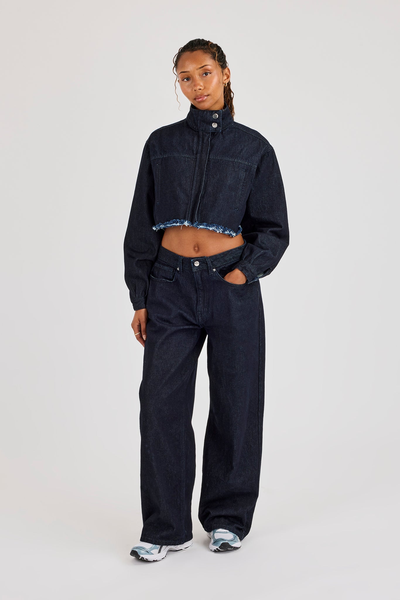 Super Crop Funnel Neck Denim Jacket - Indigo