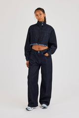 Super Crop Funnel Neck Denim Jacket - Indigo