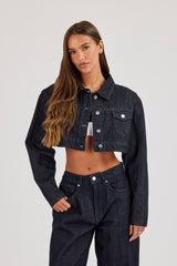 Cropped Shoulder Pad Denim Jacket - Indigo
