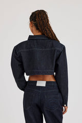 Super Crop Shoulder Pad Denim Jacket - Indigo