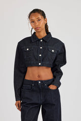 Super Crop Shoulder Pad Denim Jacket - Indigo