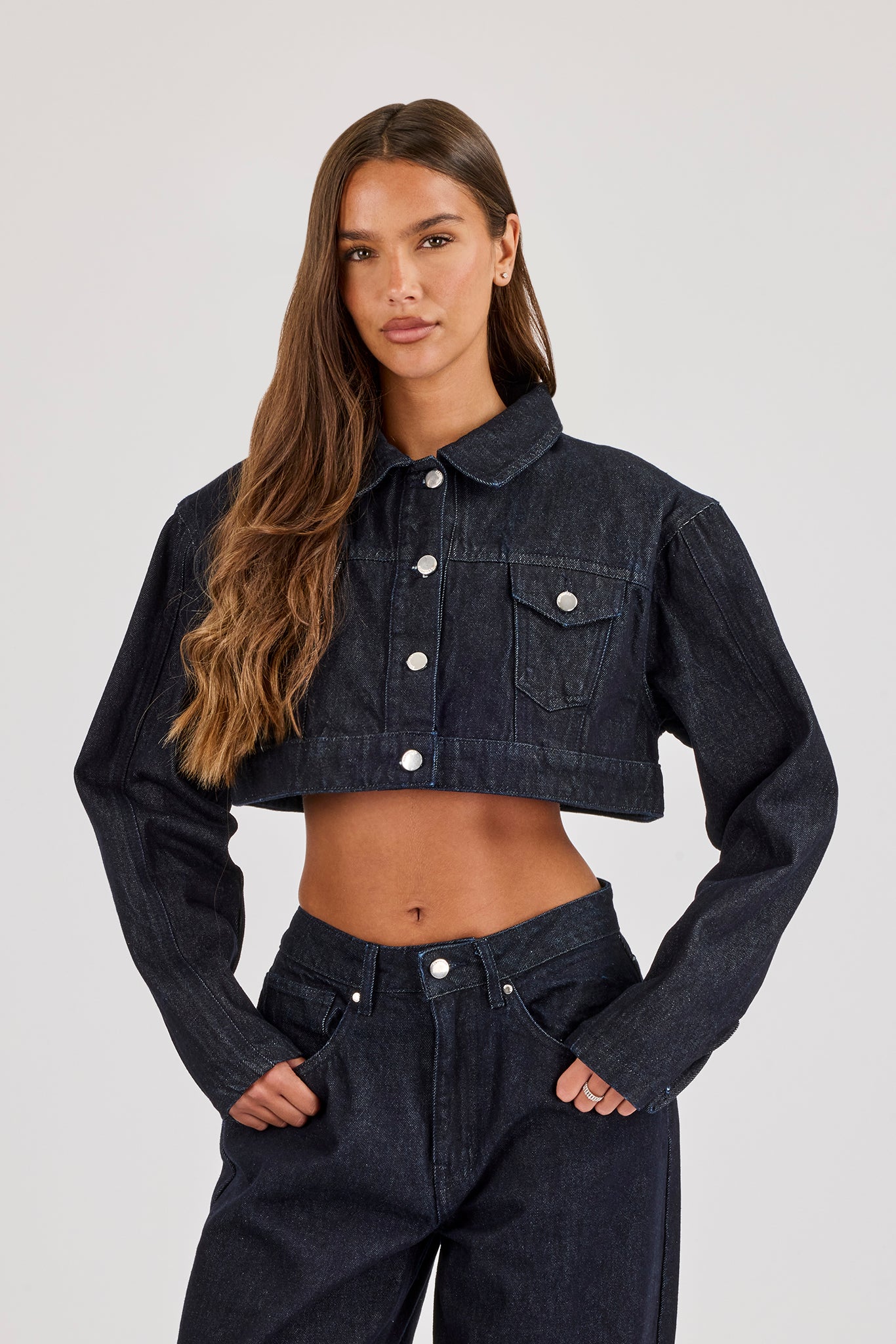 Super Crop Shoulder Pad Denim Jacket - Indigo