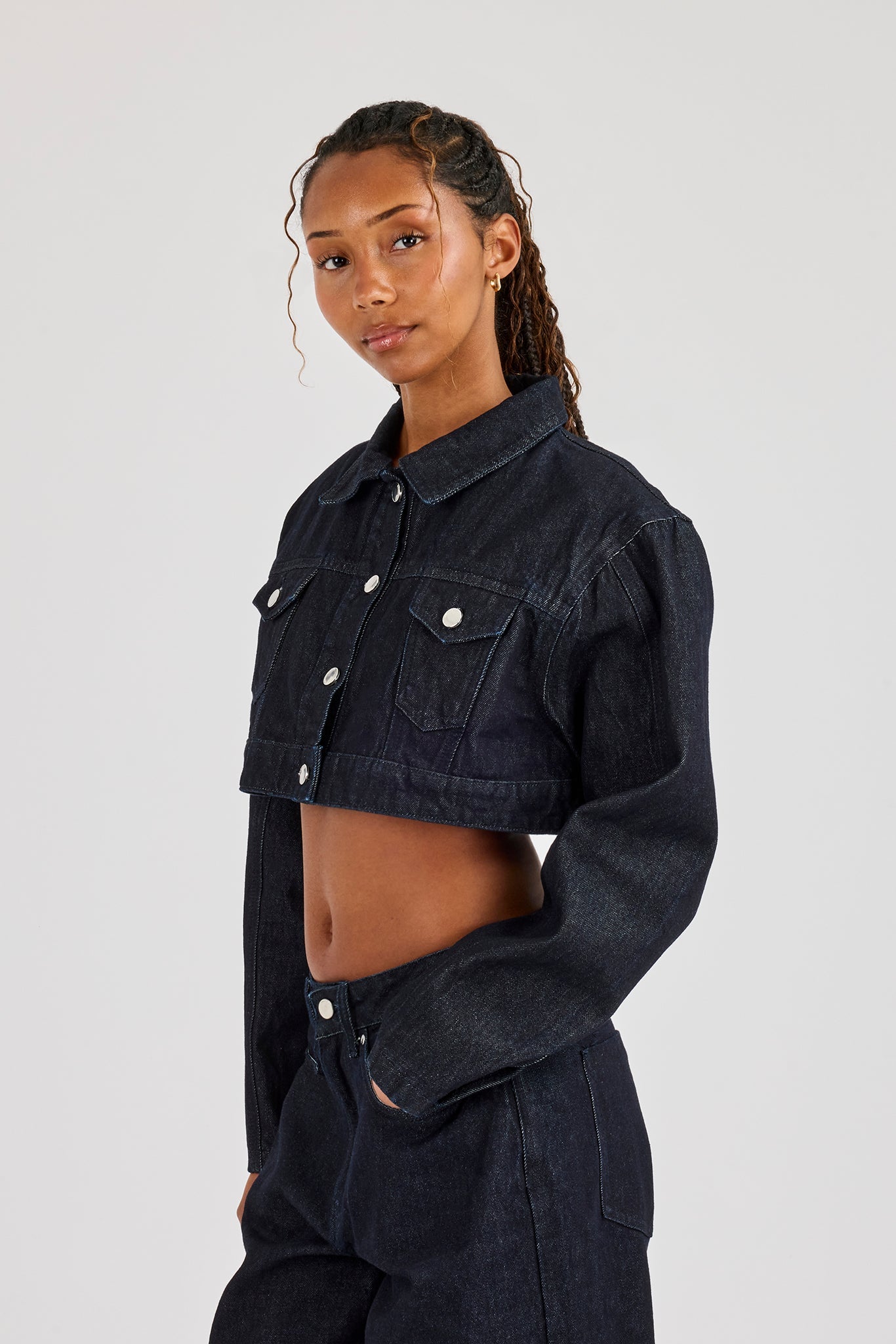 Super Crop Shoulder Pad Denim Jacket - Indigo