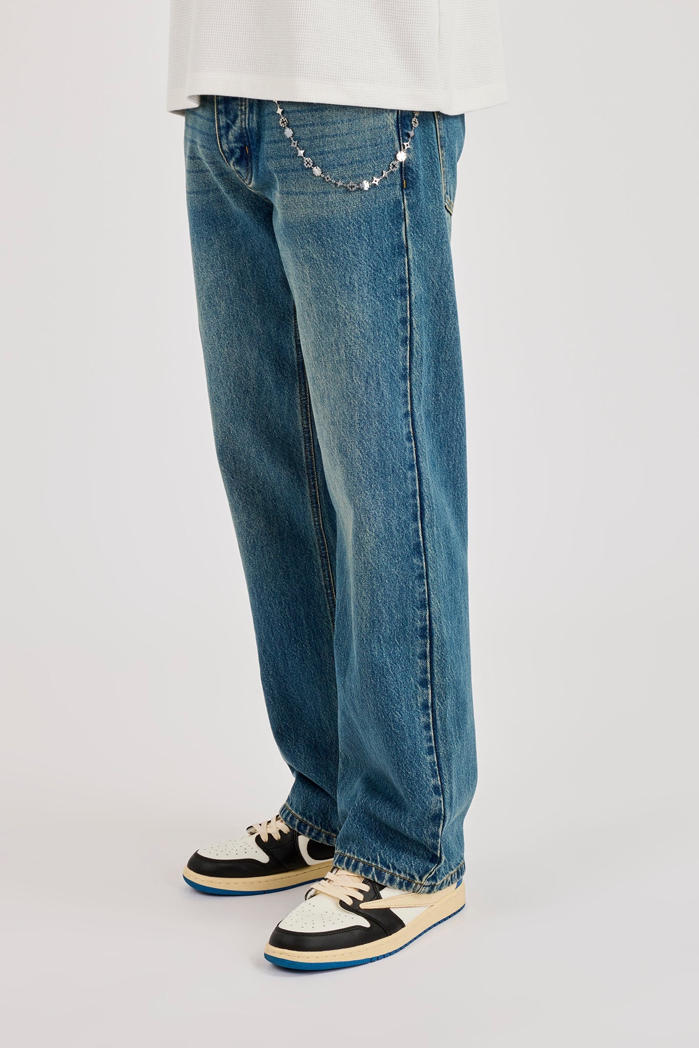 Mens Relaxed Jean & 10mm Cernucci Motif Jean Chain - Antique Wash